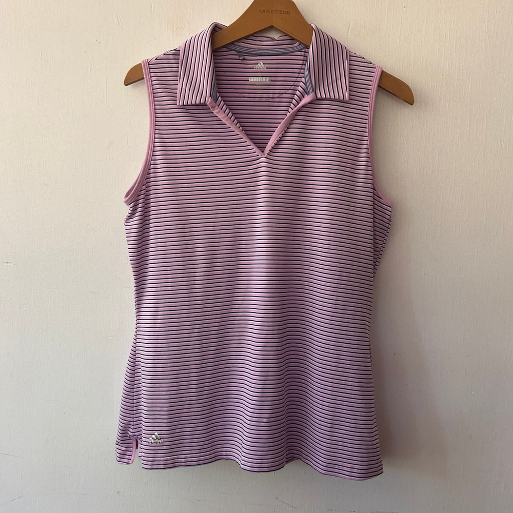 Adidas Golf Polo Shirt Women Large Pink Striped Sleeveless V-Neck Athletic Top